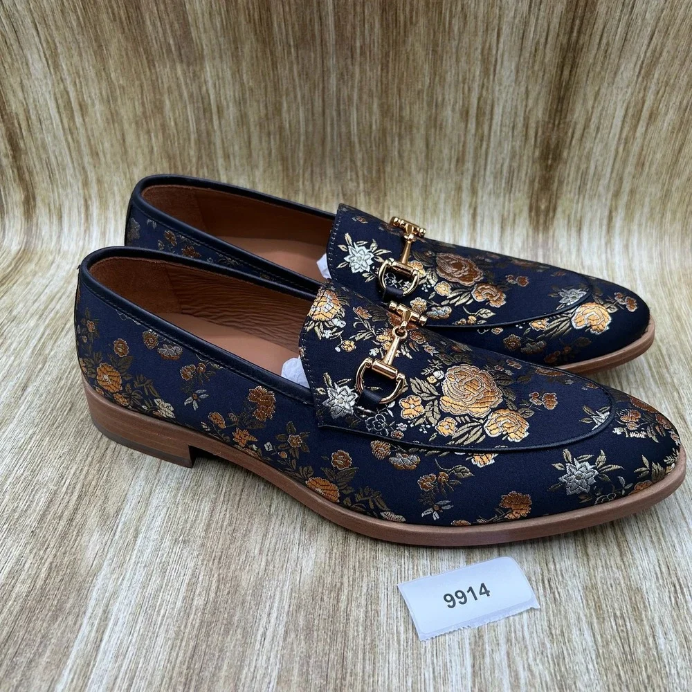 TAFT The Russel in Eden Men's 9 EU 42 Navy Gold Floral Jacquard Horsebit Loafers